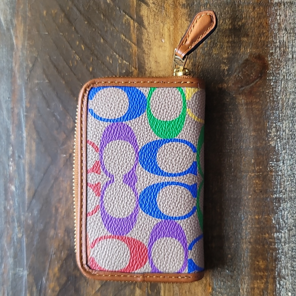 Coach Small Zip Around Card Case In Rainbow Signature Canvas